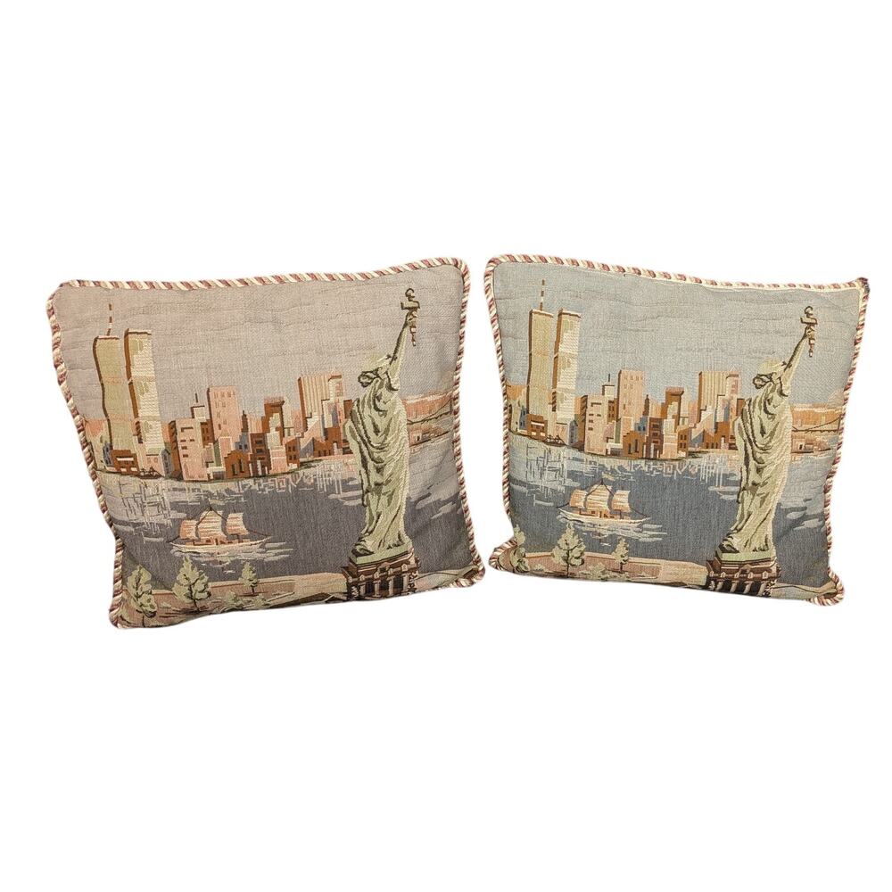 Set of Two Vintage Statue of Liberty Twin Towers Skyline New York Throw Pillows